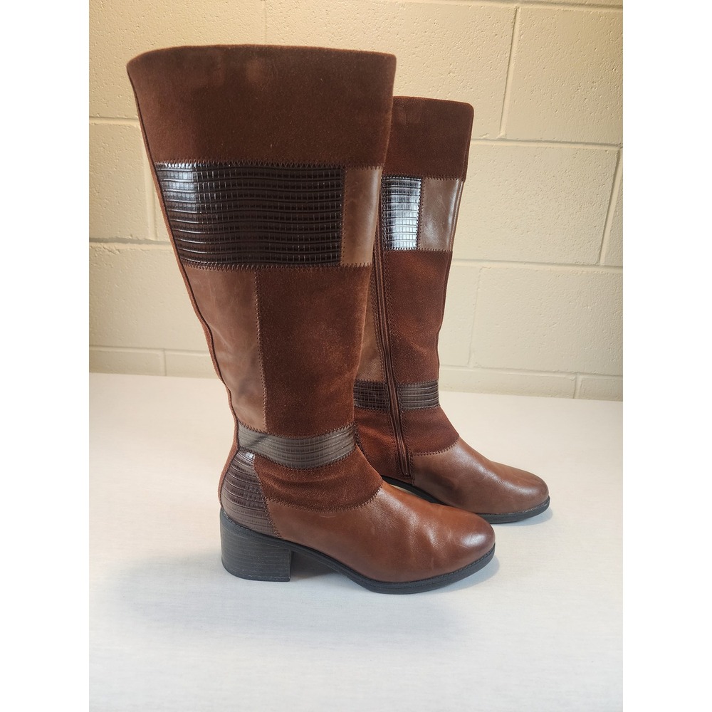 Clarks Nevella Nova Brown Patchwork Leather Suede Tall Boots Size Womens 8.5 M